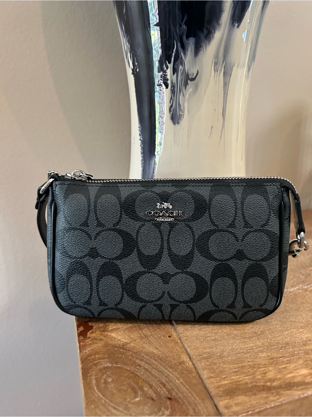 Coach Black Signature Canvas Wristlet with Silver Hardware